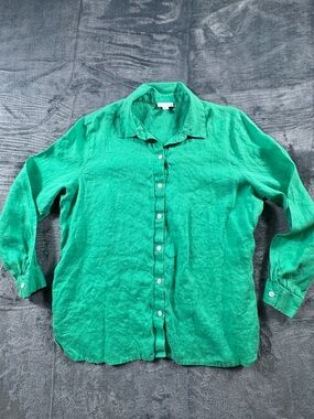 J.Jill Love Linen Kelly Green Button Front Shirt Petite Medium MP